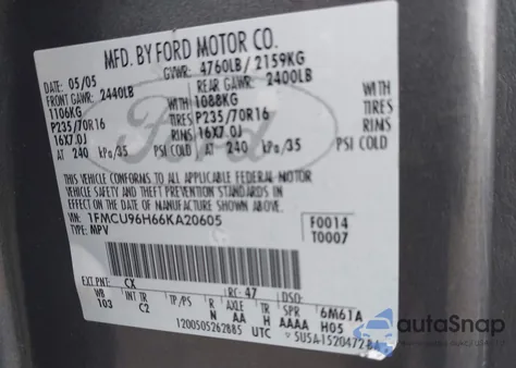 2006 Ford Escape Hybrid z USA, uszkodzony, nr VIN 1FMCU96H66KA20605